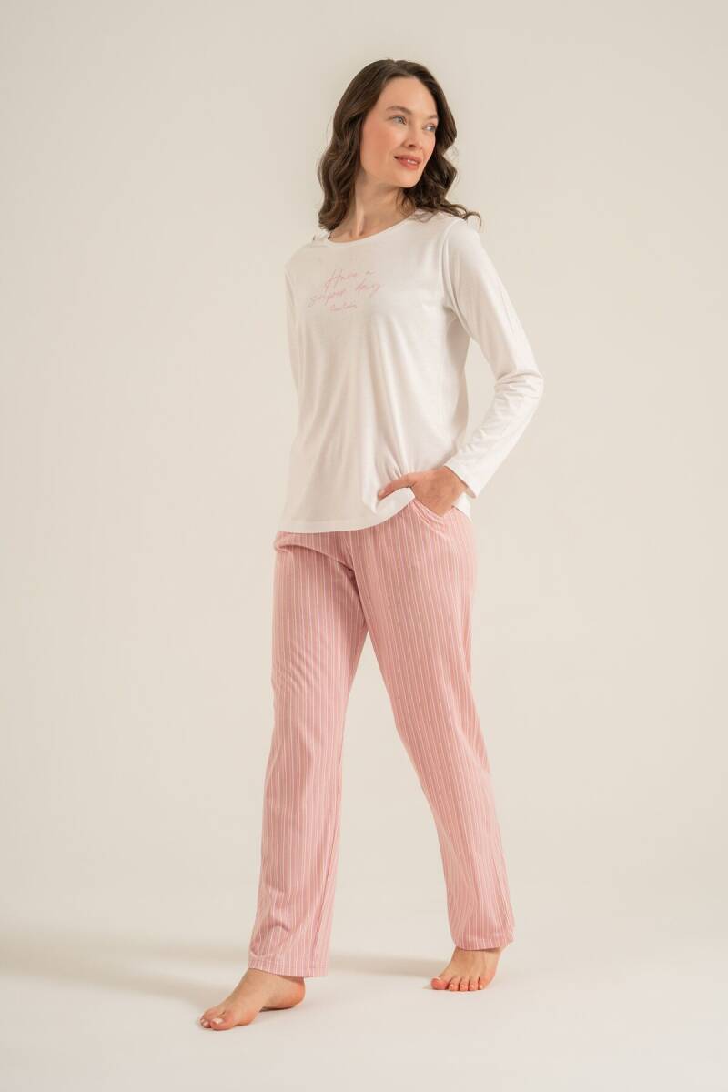 Pierre Cardin Kadın Pamuklu Have A Super Day Beyaz Uzun Kol Pijama Takım PC9294-S-V2 - 7