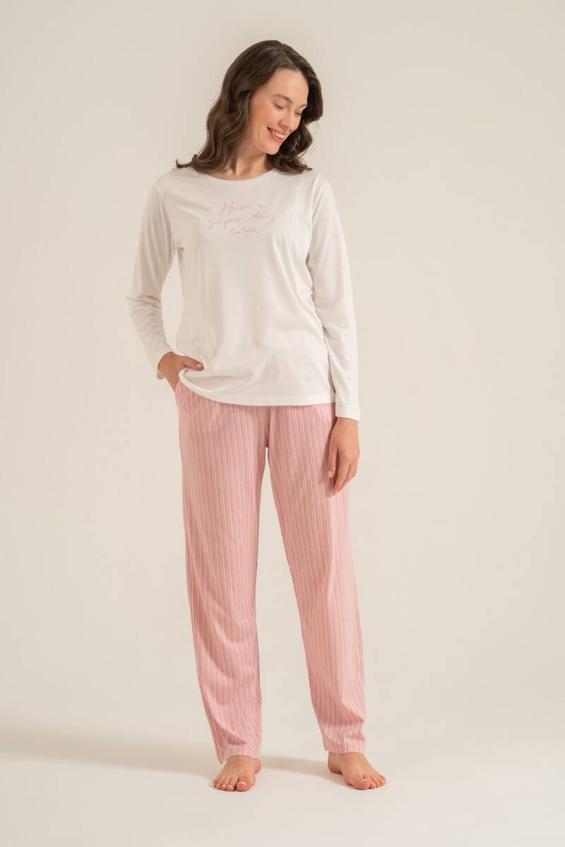 Pierre Cardin Kadın Pamuklu Have A Super Day Beyaz Uzun Kol Pijama Takım PC9294-S-V2 - 1