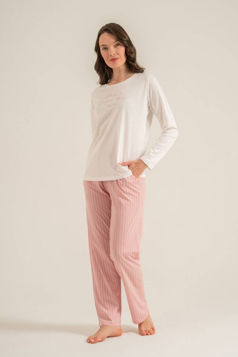 Pierre Cardin Kadın Pamuklu Have A Super Day Beyaz Uzun Kol Pijama Takım PC9294-S-V2 - 3