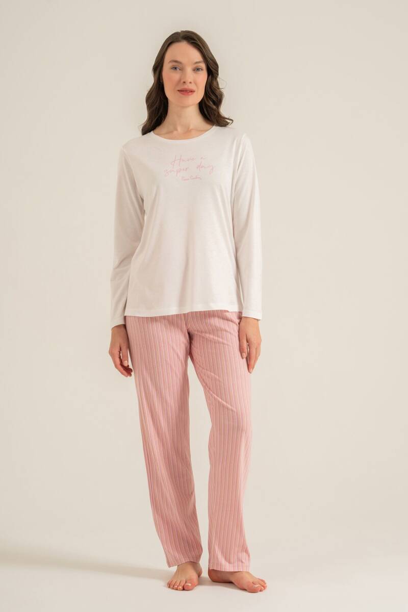 Pierre Cardin Kadın Pamuklu Have A Super Day Beyaz Uzun Kol Pijama Takım PC9294-S-V2 - 8