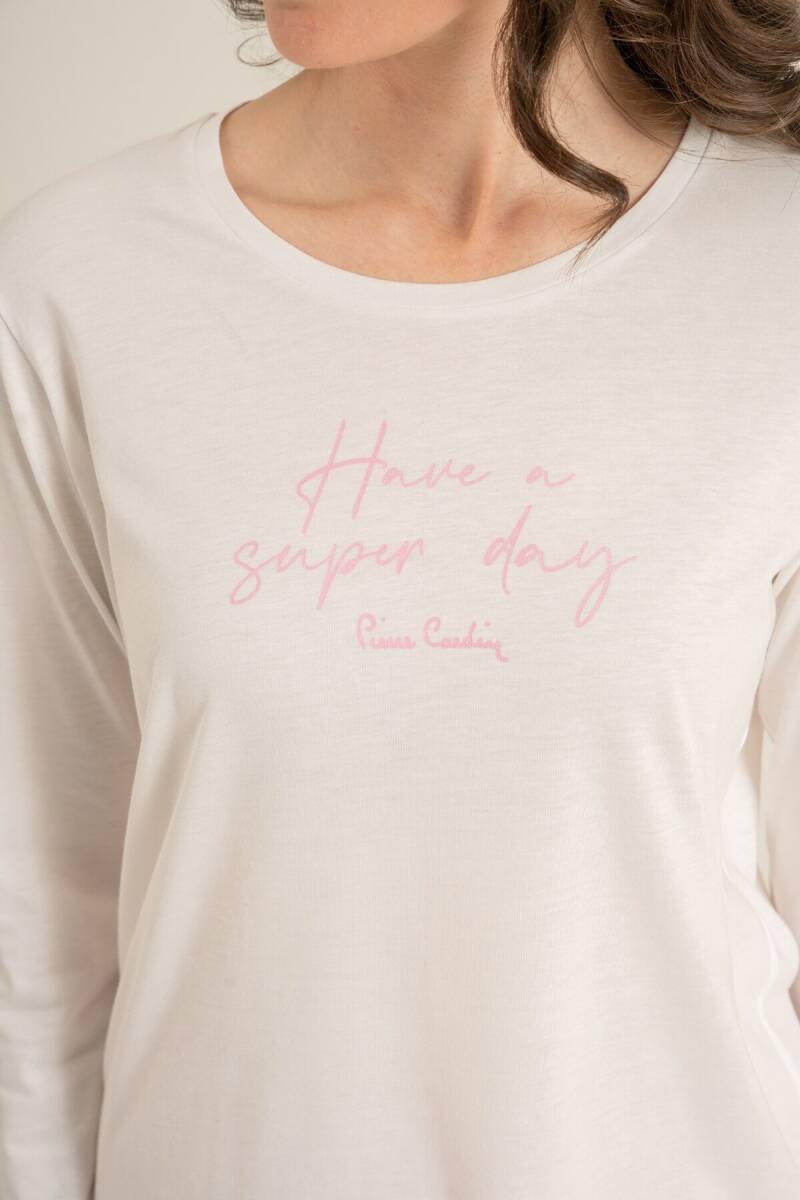 Pierre Cardin Kadın Pamuklu Have A Super Day Beyaz Uzun Kol Pijama Takım PC9294-S-V2 - 4