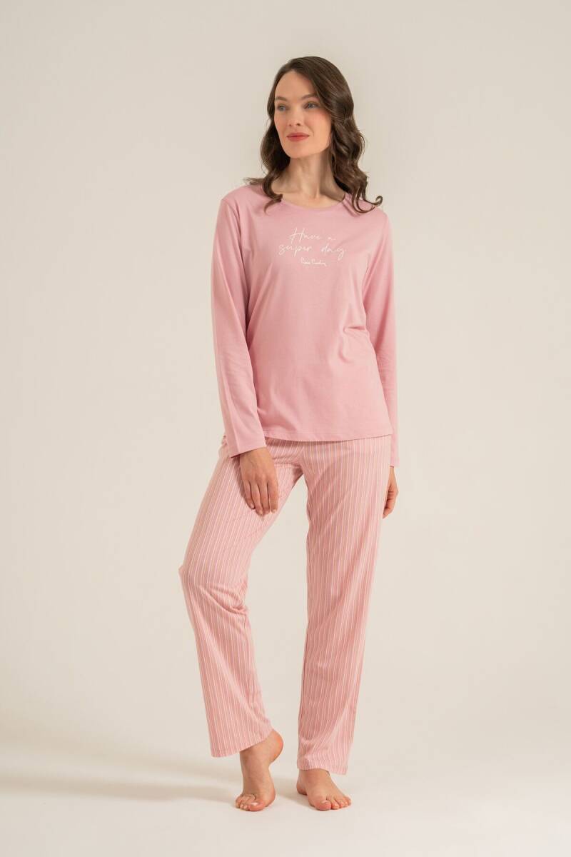 Pierre Cardin Kadın Pamuklu Have A Super Day Pembe Uzun Kol Pijama Takım PC9294-S-V1 - 7