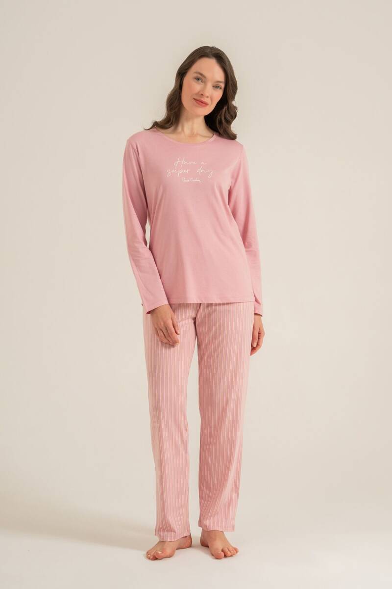 Pierre Cardin Kadın Pamuklu Have A Super Day Pembe Uzun Kol Pijama Takım PC9294-S-V1 - 1