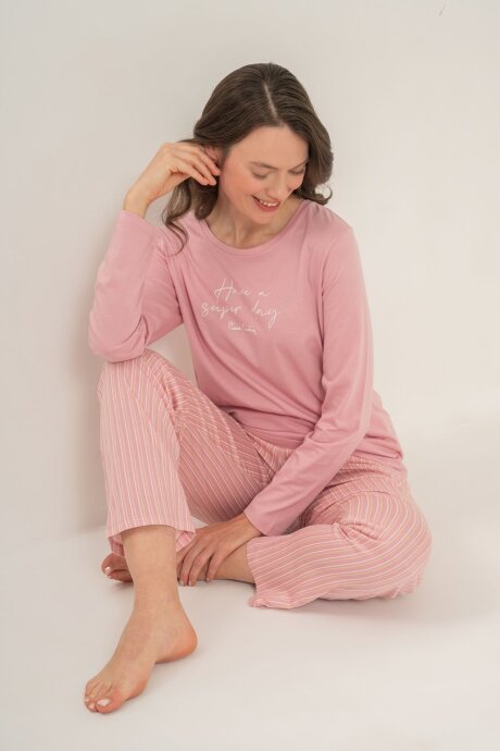 Pierre Cardin Kadın Pamuklu Have A Super Day Pembe Uzun Kol Pijama Takım PC9294-S-V1 - 8