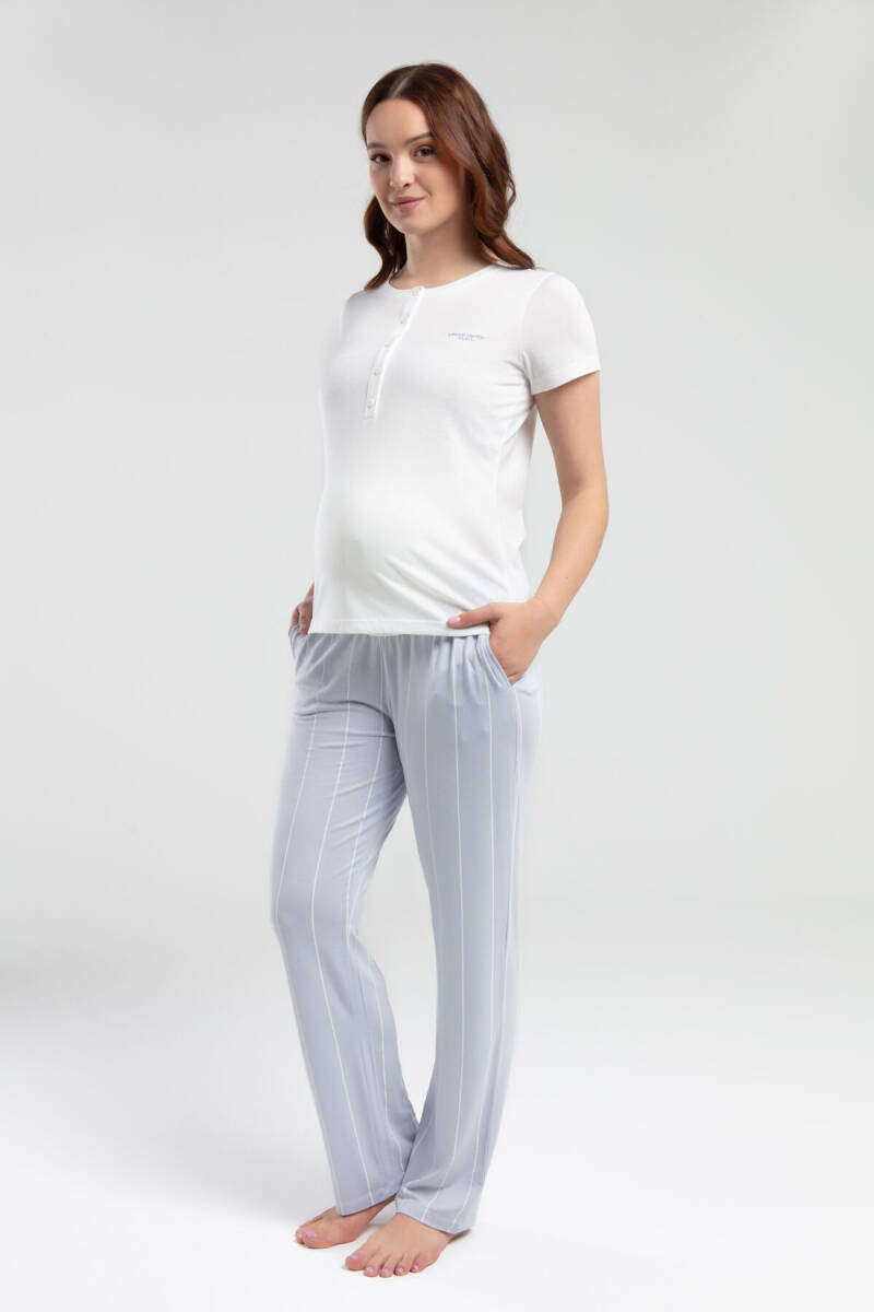 Pierre Cardin Kadın Pamuklu Bisiklet Yaka Baskısız Yazlık Regular Fit Beyaz Lohusa Takım PC8976-S-V1 - 4