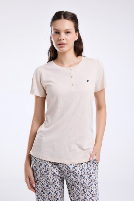 Pierre Cardin Kadın Hakim Yaka Pigment Baskılı Yazlık Regular Fit Krem Pijama Takımı PC8961-S-V1 - 1