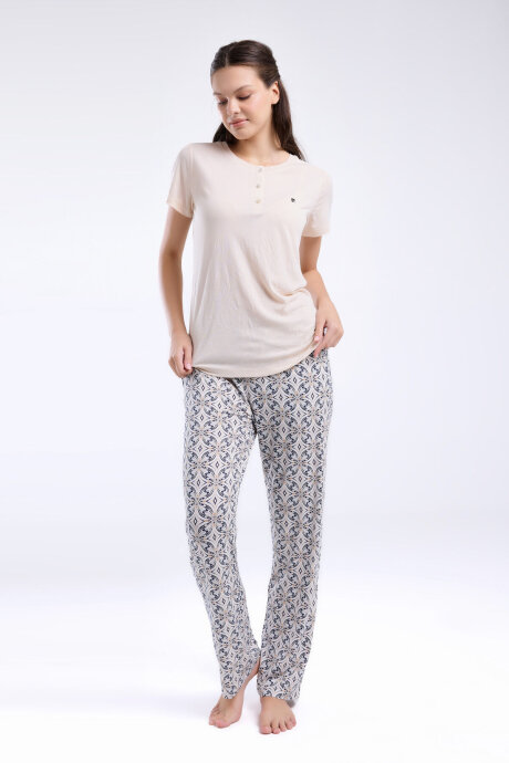 Pierre Cardin Kadın Hakim Yaka Pigment Baskılı Yazlık Regular Fit Krem Pijama Takımı PC8961-S-V1 - 2