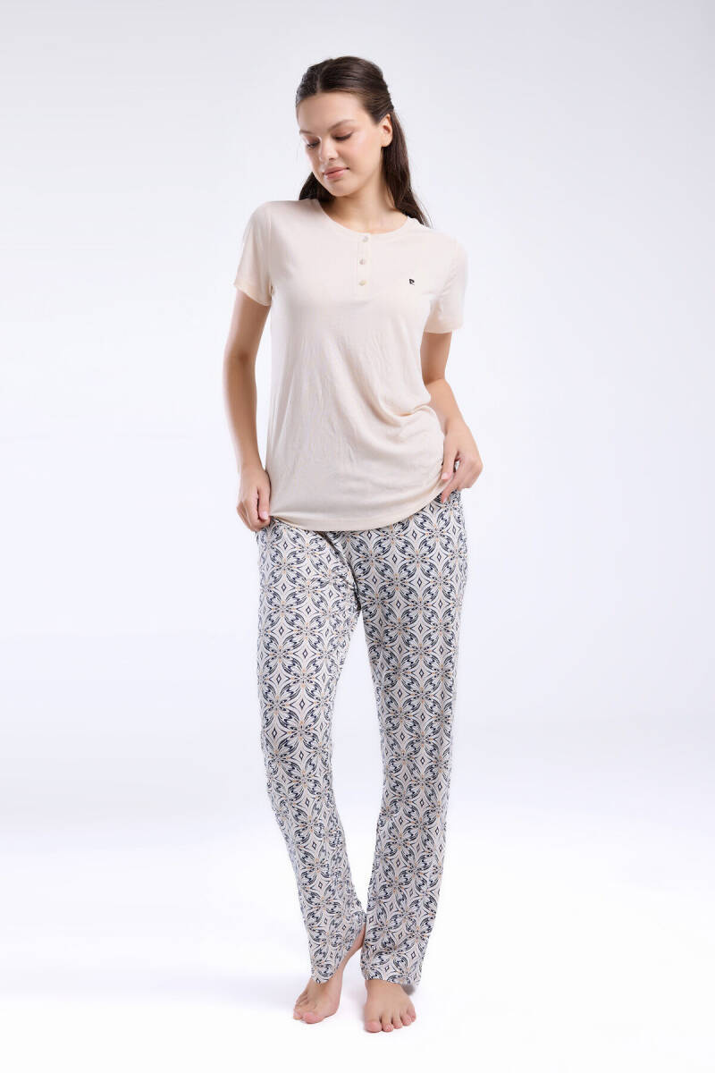 Pierre Cardin Kadın Hakim Yaka Pigment Baskılı Yazlık Regular Fit Krem Pijama Takımı PC8961-S-V1 - 2