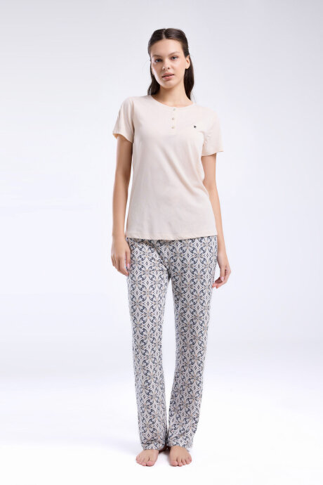 Pierre Cardin Kadın Hakim Yaka Pigment Baskılı Yazlık Regular Fit Krem Pijama Takımı PC8961-S-V1 - 3