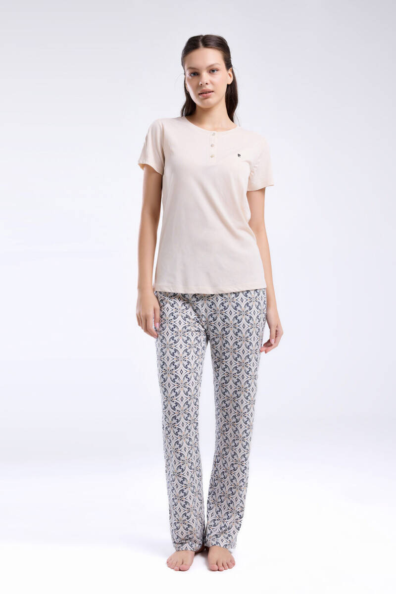 Pierre Cardin Kadın Hakim Yaka Pigment Baskılı Yazlık Regular Fit Krem Pijama Takımı PC8961-S-V1 - 3