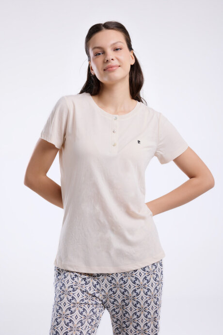 Pierre Cardin Kadın Hakim Yaka Pigment Baskılı Yazlık Regular Fit Krem Pijama Takımı PC8961-S-V1 - 4