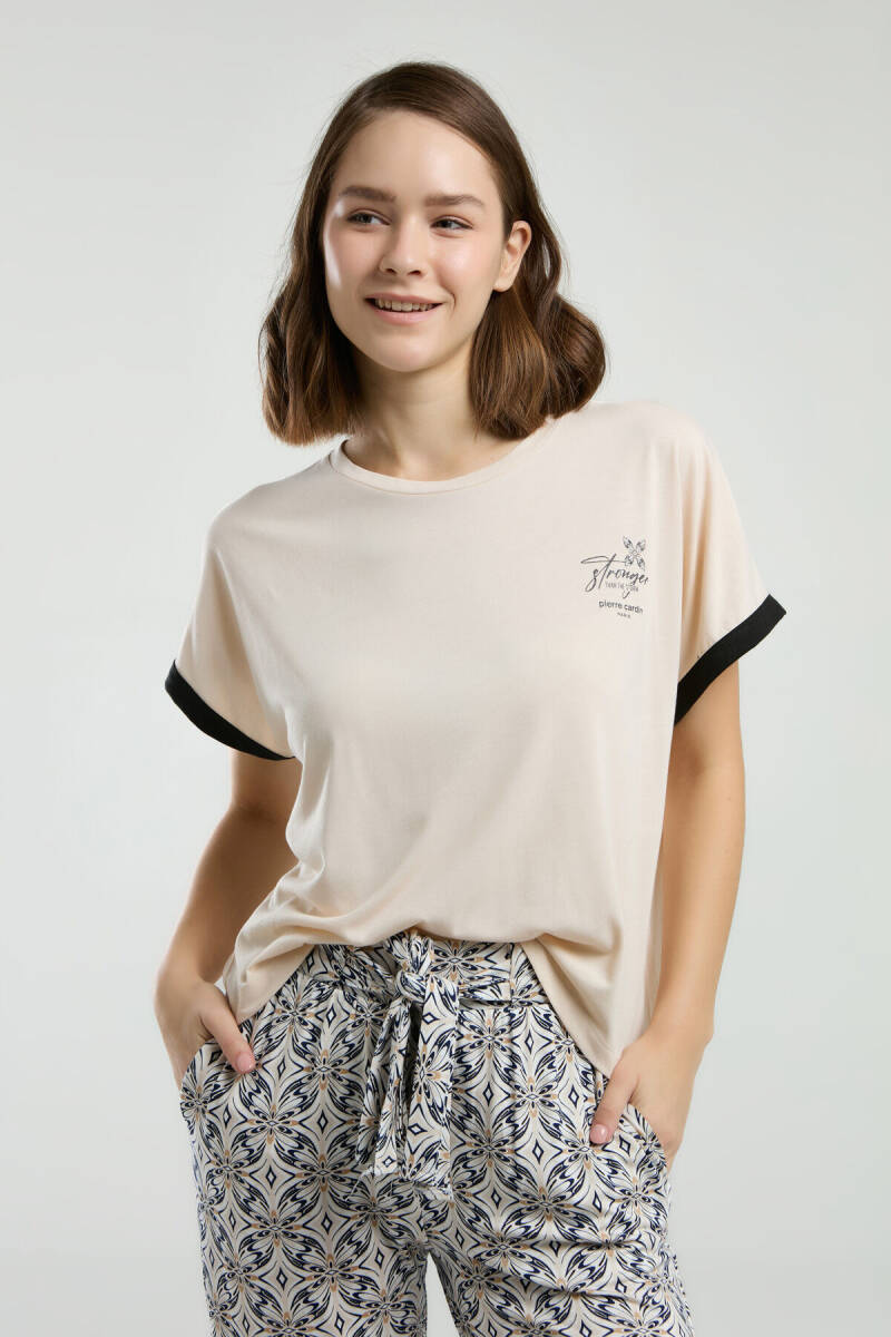 Pierre Cardin Kadın Pamuklu Bisiklet Yaka Pigment Baskılı Yazlık Regular Fit Krem Pijama Takımı PC8959-S-V1 - 1