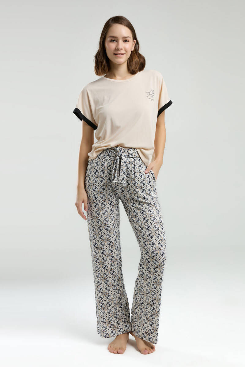 Pierre Cardin Kadın Pamuklu Bisiklet Yaka Pigment Baskılı Yazlık Regular Fit Krem Pijama Takımı PC8959-S-V1 - 2