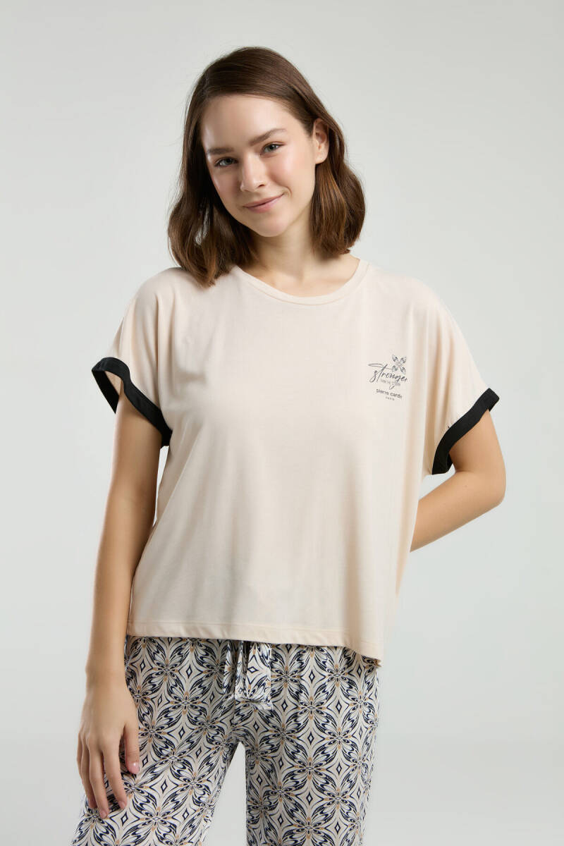 Pierre Cardin Kadın Pamuklu Bisiklet Yaka Pigment Baskılı Yazlık Regular Fit Krem Pijama Takımı PC8959-S-V1 - 4