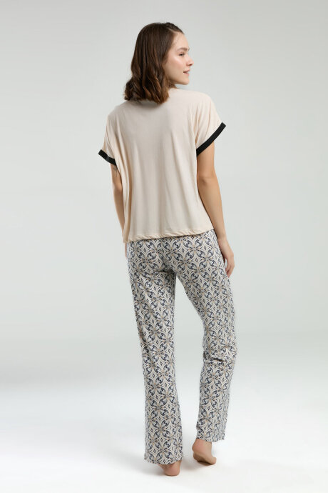 Pierre Cardin Kadın Pamuklu Bisiklet Yaka Pigment Baskılı Yazlık Regular Fit Krem Pijama Takımı PC8959-S-V1 - 5