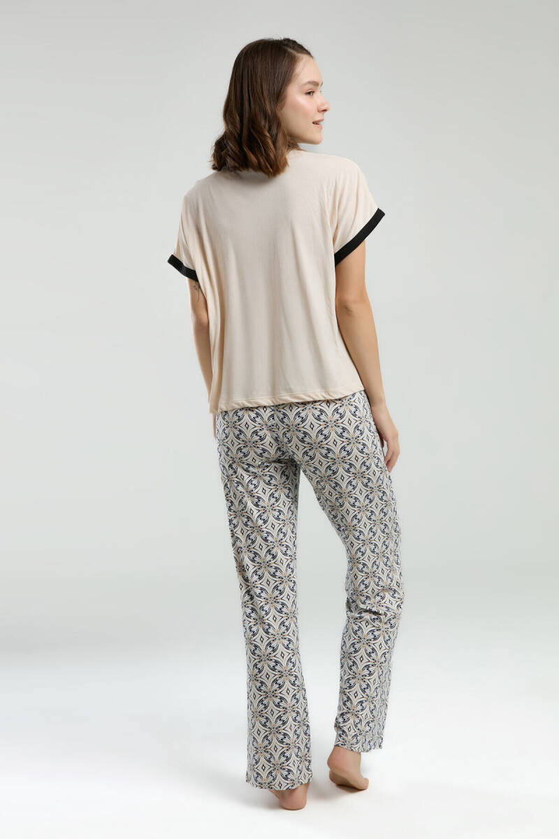 Pierre Cardin Kadın Pamuklu Bisiklet Yaka Pigment Baskılı Yazlık Regular Fit Krem Pijama Takımı PC8959-S-V1 - 5