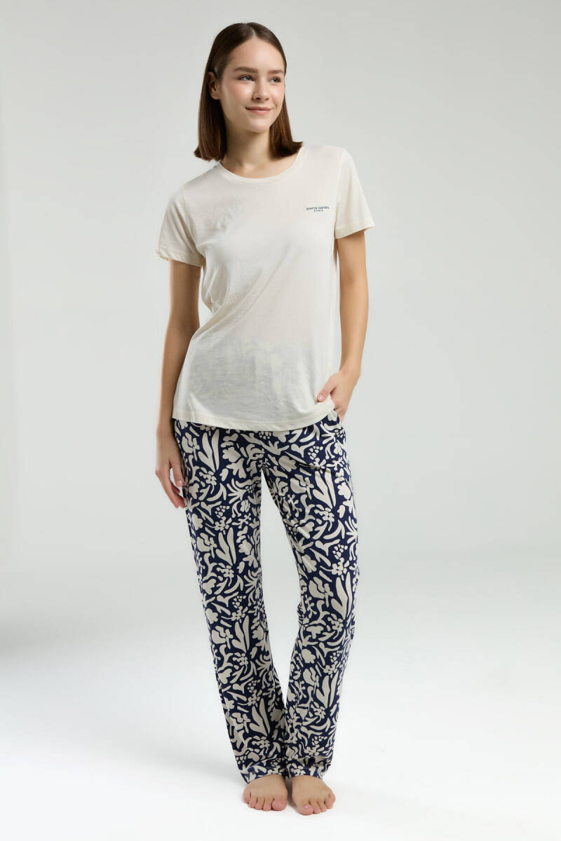 Pierre Cardin Kadın Bisiklet Yaka Pigment Baskılı Yazlık Regular Fit Krem Pijama Takımı PC8973-S-V1 - 2