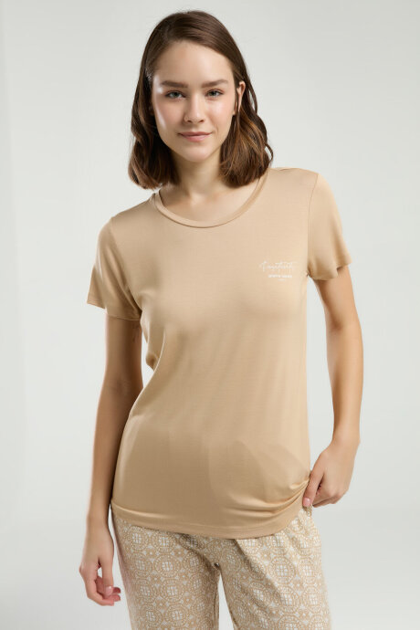 Pierre Cardin Kadın Bisiklet Yaka Pigment Baskılı Yazlık Regular Fit Krem Pijama Takımı PC9001-S-V1