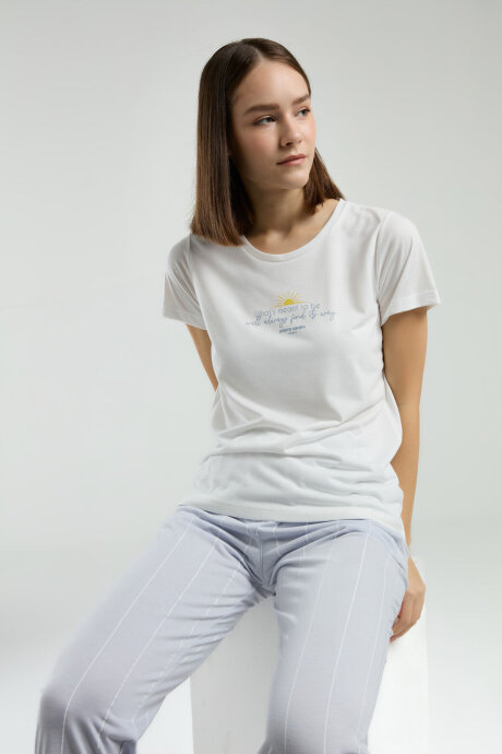 Pierre Cardin Kadın Bisiklet Yaka Pigment Baskılı Yazlık Regular Fit Beyaz Pijama Takımı PC8978-S-V2