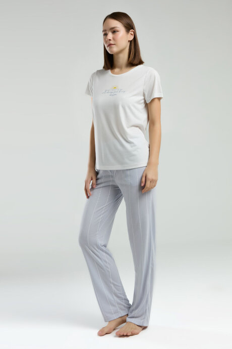 Pierre Cardin Kadın Pamuklu Bisiklet Yaka Pigment Baskılı Yazlık Regular Fit Beyaz Pijama Takımı PC8978-S-V2 - 3