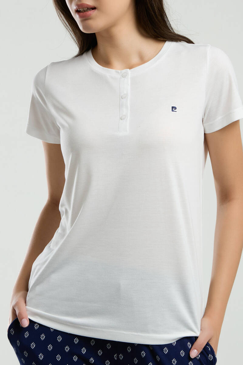 Pierre Cardin Kadın Pamuklu Hakim Yaka Pigment Baskılı Yazlık Regular Fit Beyaz Pijama Takımı PC8953-S-V1 - 4