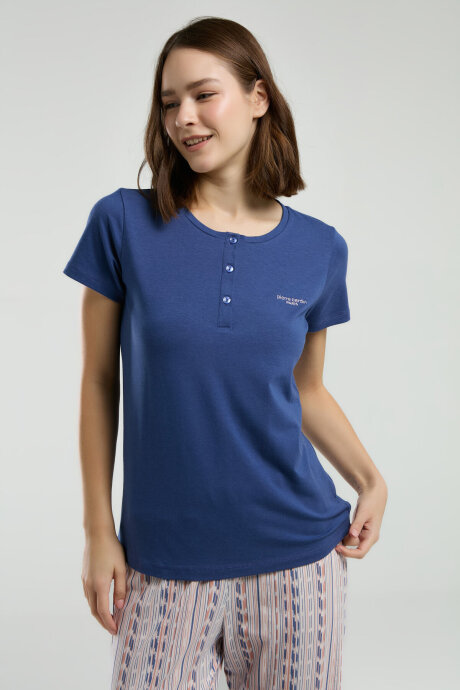 Pierre Cardin Kadın Pamuklu Hakim Yaka Pigment Baskılı Yazlık Regular Fit Mavi Pijama Takımı PC8956-S-V1 - 1