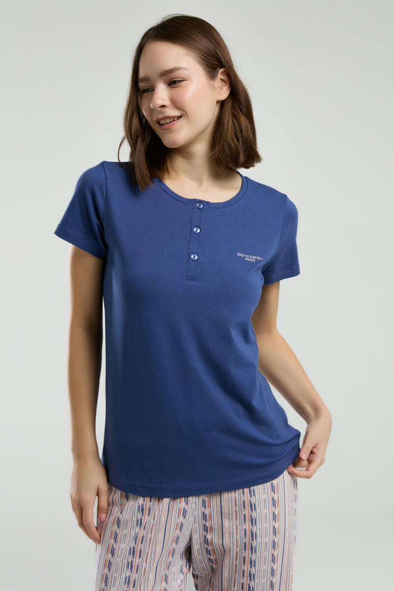 Pierre Cardin Kadın Pamuklu Hakim Yaka Pigment Baskılı Yazlık Regular Fit Mavi Pijama Takımı PC8956-S-V1 - 1