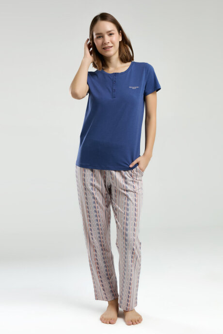 Pierre Cardin Kadın Pamuklu Hakim Yaka Pigment Baskılı Yazlık Regular Fit Mavi Pijama Takımı PC8956-S-V1 - 2