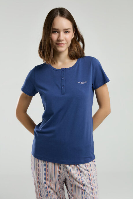 Pierre Cardin Kadın Pamuklu Hakim Yaka Pigment Baskılı Yazlık Regular Fit Mavi Pijama Takımı PC8956-S-V1 - 3