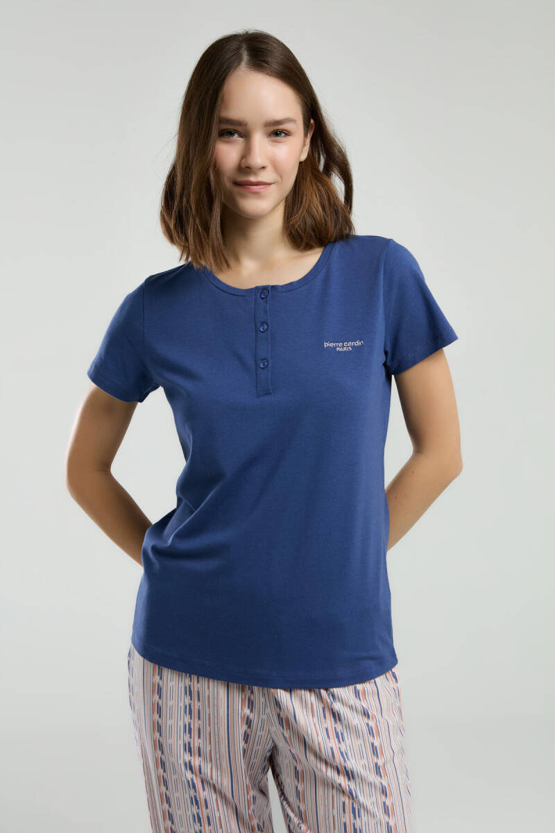 Pierre Cardin Kadın Pamuklu Hakim Yaka Pigment Baskılı Yazlık Regular Fit Mavi Pijama Takımı PC8956-S-V1 - 3