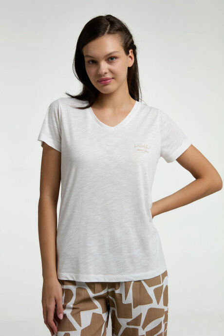Pierre Cardin Kadın V Yaka Pigment Baskılı Yazlık Regular Fit Krem Pijama Takımı PC9015-S-V1