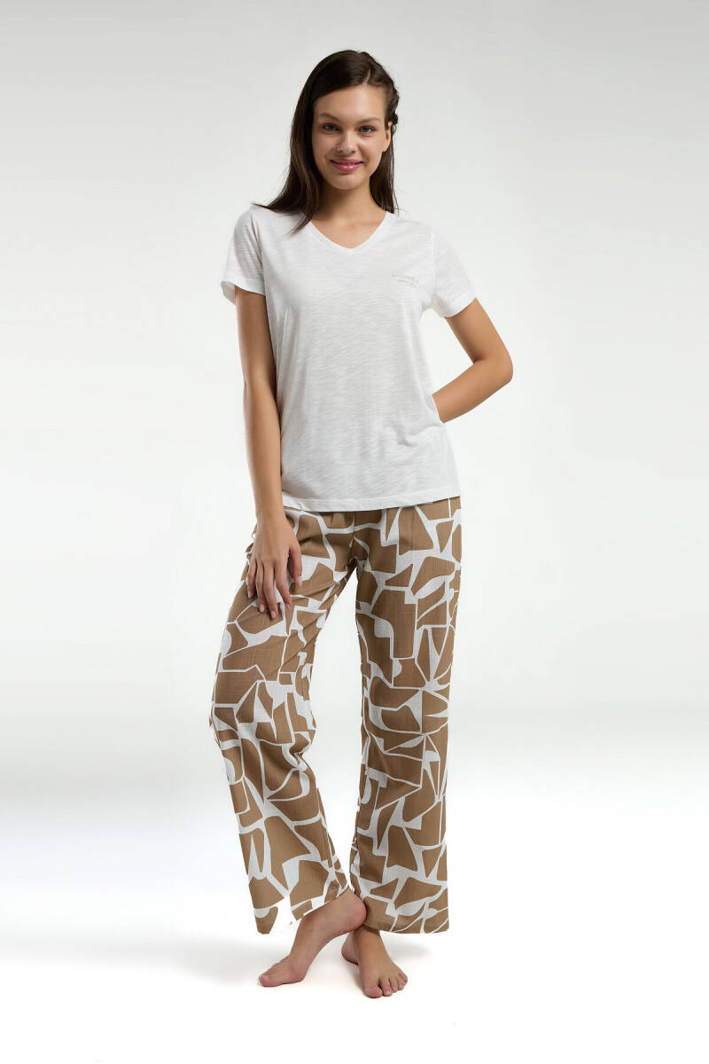 Pierre Cardin Kadın Pamuklu V Yaka Pigment Baskılı Yazlık Regular Fit Krem Pijama Takımı PC9015-S-V1 - 3
