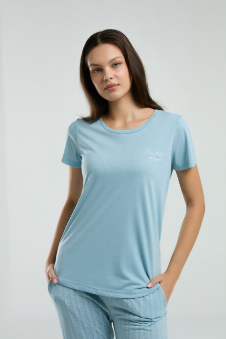 Pierre Cardin Kadın Bisiklet Yaka Pigment Baskılı Yazlık Regular Fit Mavi Pijama Takımı PC8997-S-V1 