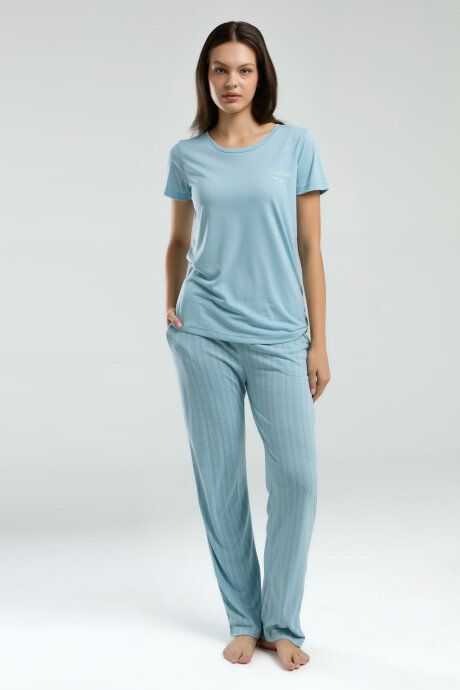Pierre Cardin Kadın Pamuklu Bisiklet Yaka Pigment Baskılı Yazlık Regular Fit Mavi Pijama Takımı PC8997-S-V1 - 2