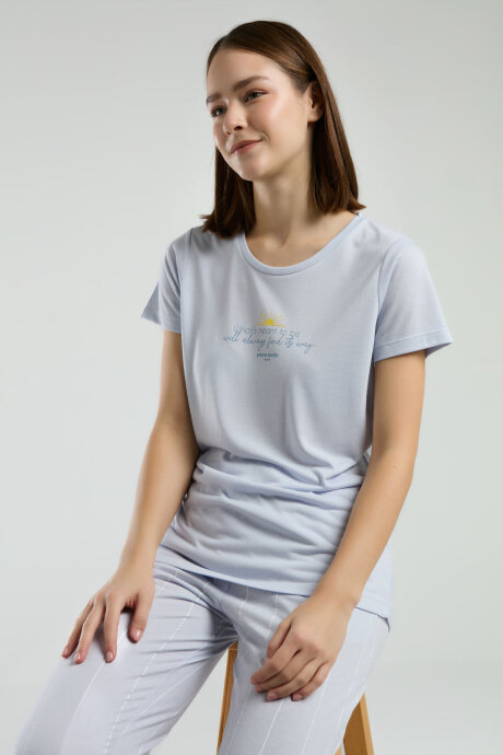 Pierre Cardin Kadın Pamuklu Bisiklet Yaka Pigment Baskılı Yazlık Regular Fit Mavi Pijama Takımı PC8978-S-V1 