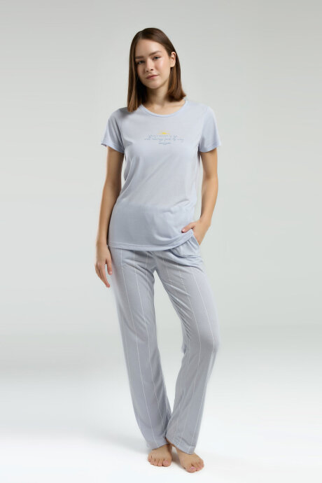 Pierre Cardin Kadın Pamuklu Bisiklet Yaka Pigment Baskılı Yazlık Regular Fit Mavi Pijama Takımı PC8978-S-V1 - 2
