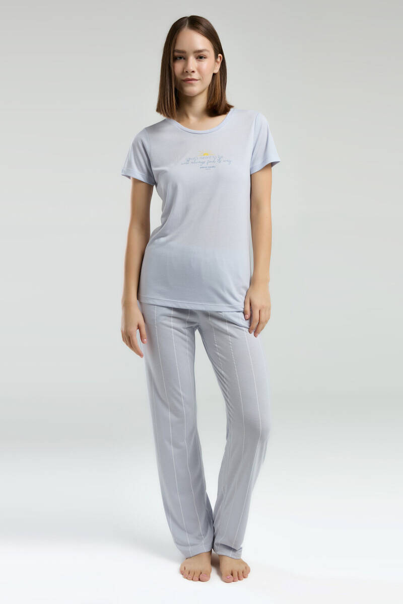 Pierre Cardin Kadın Pamuklu Bisiklet Yaka Pigment Baskılı Yazlık Regular Fit Mavi Pijama Takımı PC8978-S-V1 - 3