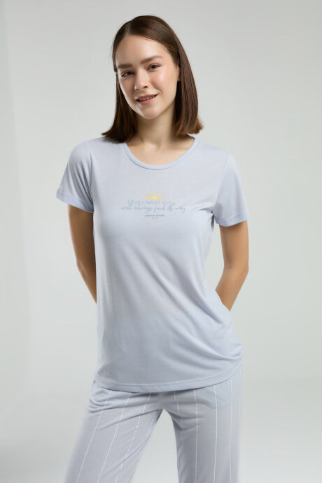 Pierre Cardin Kadın Pamuklu Bisiklet Yaka Pigment Baskılı Yazlık Regular Fit Mavi Pijama Takımı PC8978-S-V1 - 4