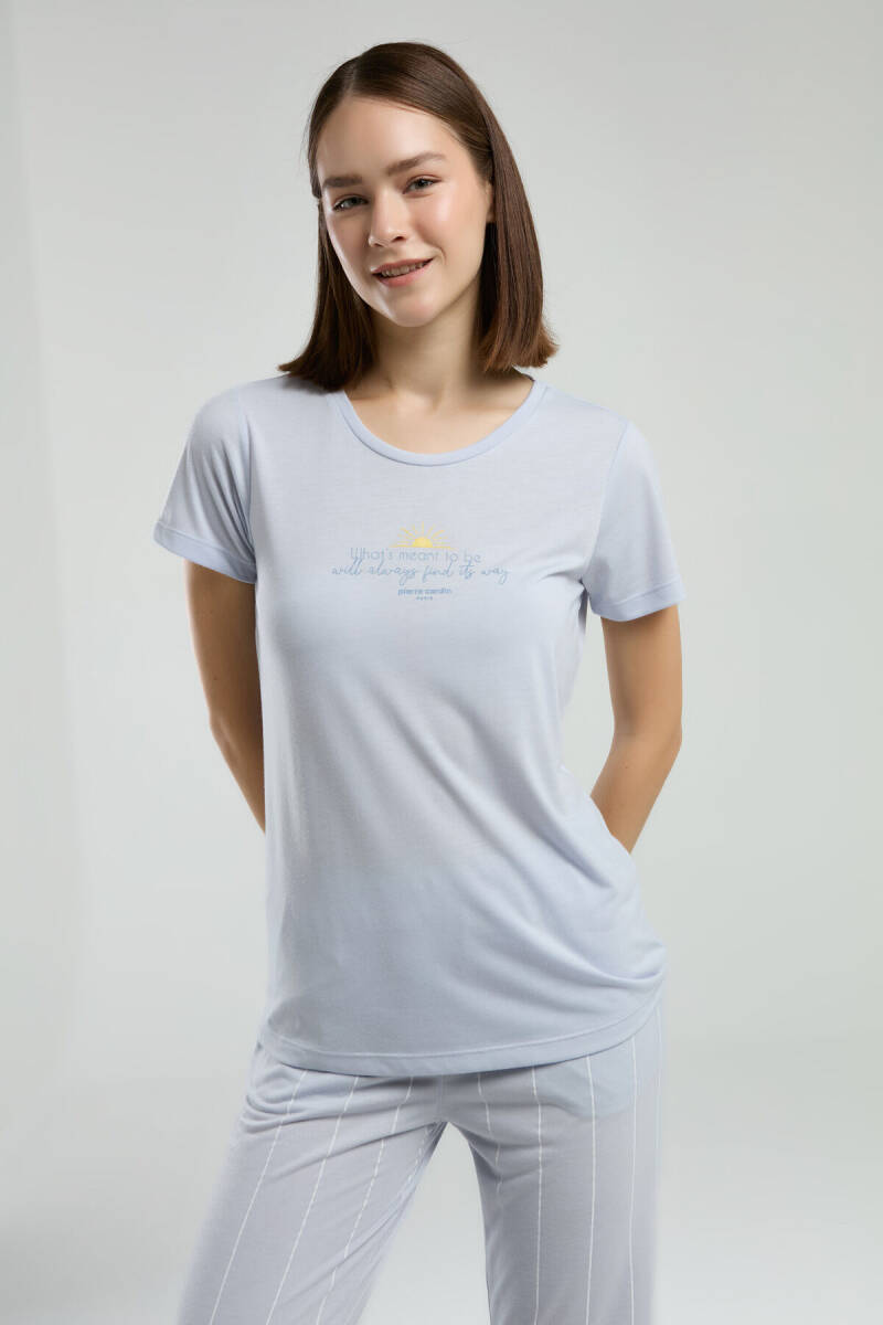 Pierre Cardin Kadın Pamuklu Bisiklet Yaka Pigment Baskılı Yazlık Regular Fit Mavi Pijama Takımı PC8978-S-V1 - 4