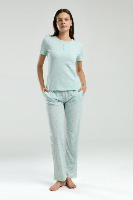 Pierre Cardin Kadın Pamuklu Hakim Yaka Pigment Baskılı Yazlık Regular Fit Yeşil Pijama Takımı PC8989-S-V2 - 2