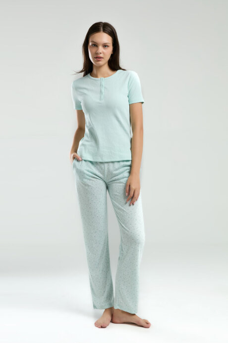 Pierre Cardin Kadın Pamuklu Hakim Yaka Pigment Baskılı Yazlık Regular Fit Yeşil Pijama Takımı PC8989-S-V2 - 3