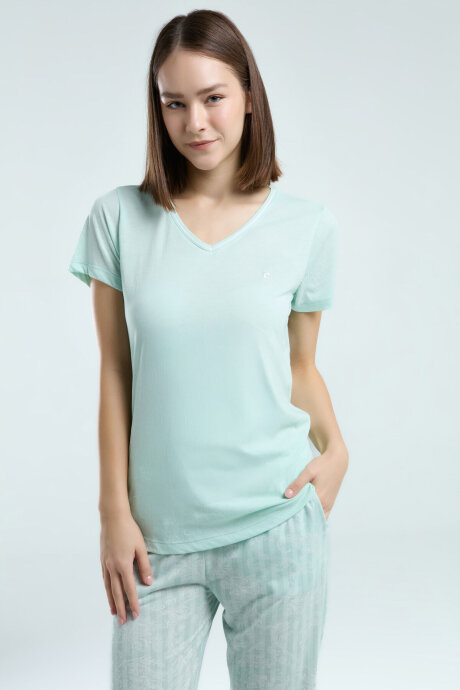 Pierre Cardin Kadın V Yaka Pigment Baskılı Yazlık Regular Fit Yeşil Pijama Takımı PC8964-S-V1
