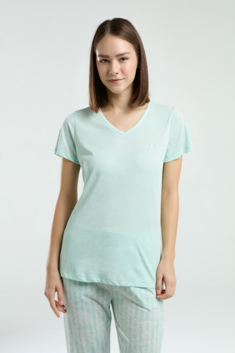 Pierre Cardin Kadın Pamuklu V Yaka Pigment Baskılı Yazlık Regular Fit Yeşil Pijama Takımı PC8964-S-V1 - 4
