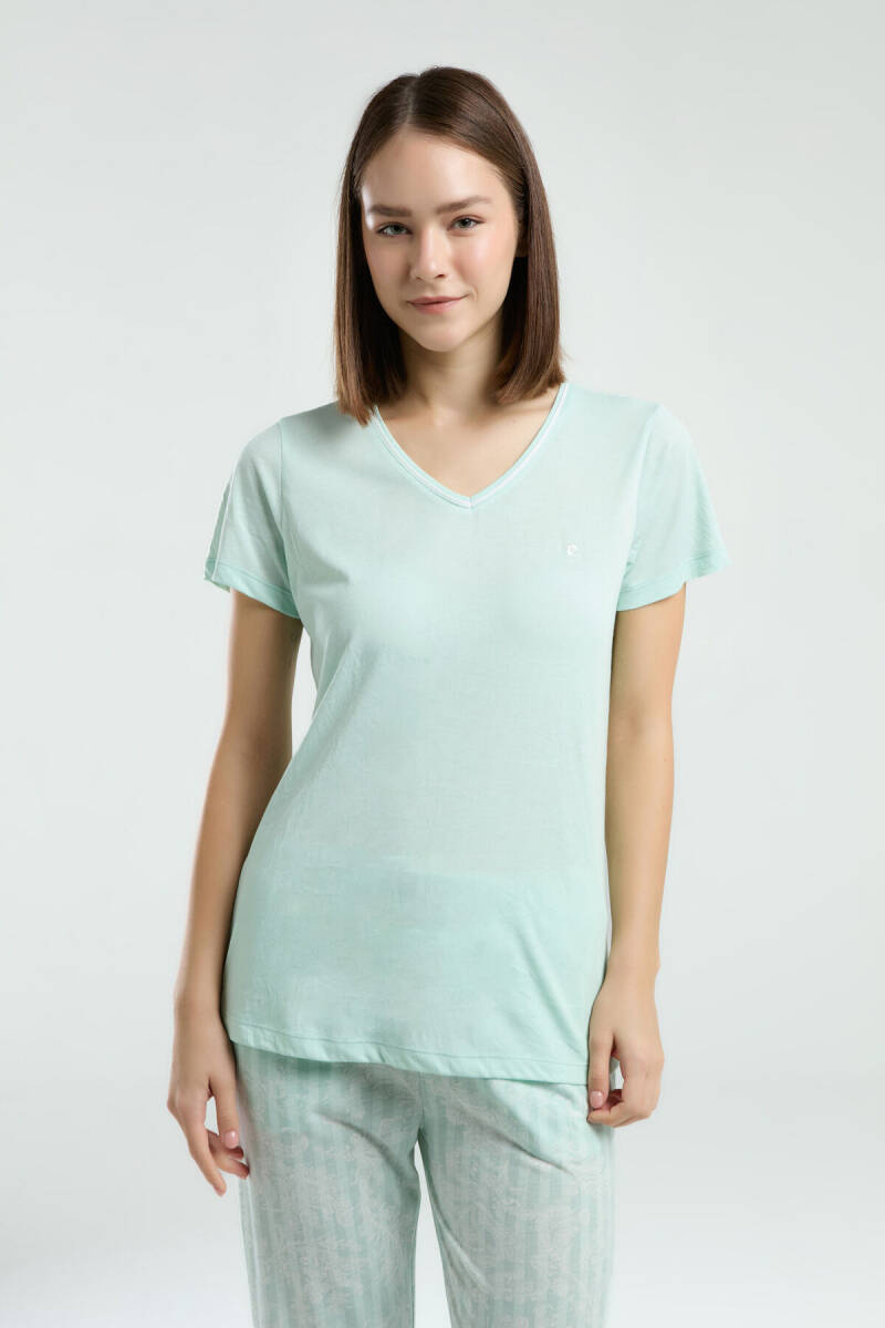 Pierre Cardin Kadın Pamuklu V Yaka Pigment Baskılı Yazlık Regular Fit Yeşil Pijama Takımı PC8964-S-V1 - 4
