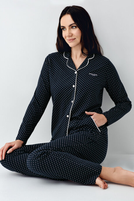 Pierre Cardin Kadın Pamuklu Gömlek Yaka Pigment Baskılı Kışlık Regular Fit Lacivert Gömlek Pijama Takım PC9092-S-V1