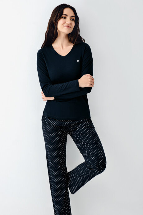 Pierre Cardin Kadın Pamuklu Bisiklet Yaka Pigment Baskılı Kışlık Regular Fit Lacivert Pijama Takımı PC9091-S-V1