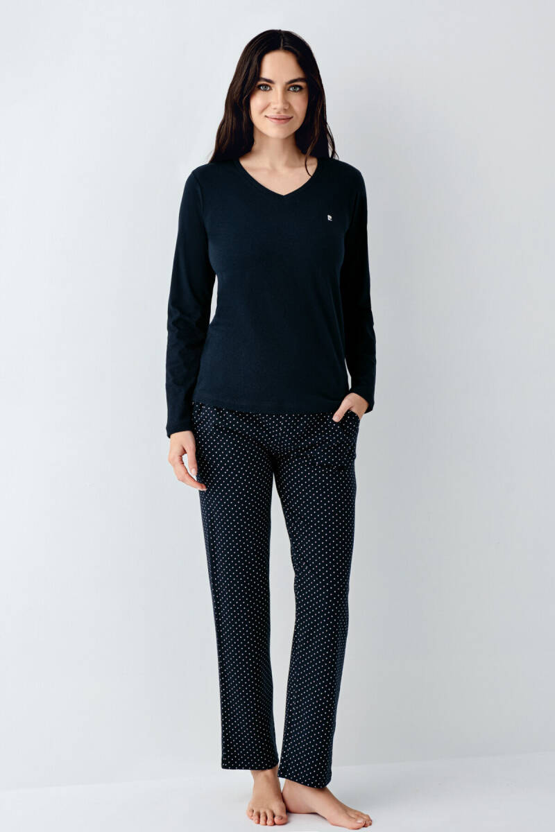 Pierre Cardin Kadın Pamuklu Bisiklet Yaka Pigment Baskılı Kışlık Regular Fit Lacivert Pijama Takımı PC9091-S-V1 - 2