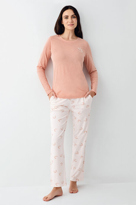 Pierre Cardin Kadın Pamuklu Bisiklet Yaka Pigment Baskılı Kışlık Regular Fit Pembe Pijama Takımı PC9061-S-V2 (1)