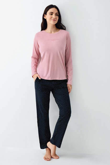 Pierre Cardin Kadın Pamuklu Bisiklet Yaka Pigment Baskılı Kışlık Regular Fit Pembe Pijama Takımı PC9090-S-V1 (1)