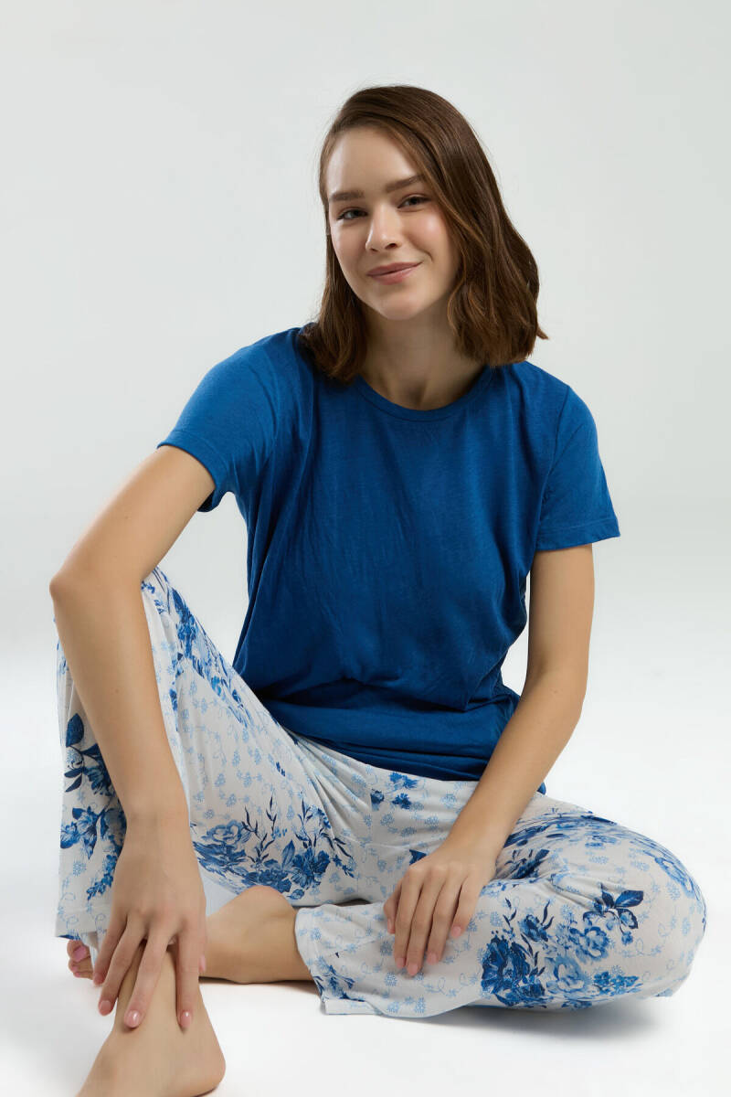 Pierre Cardin Kadın Pamuklu Bisiklet Yaka Pigment Baskılı Yazlık Regular Fit Mavi Pijama Takımı PC8968-S-V1 - 1